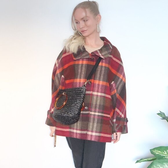 Talbots Multicolor Orange, Burgundy & Brown Wool Plaid Coat Size 16w - Picture 15 of 16